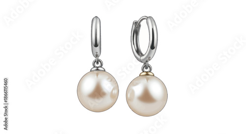 Elegant Silver Hoop Earrings with Large White Pearls.