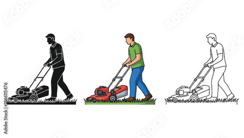Man mowing lawn shown in silhouette, color, and outline