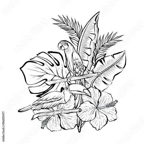 Parrot sitting on branch among tropical leaves and flowers in detailed vector line illustration, isolated on white background, botanical wildlife graphic for logos, prints, packaging and branding use.