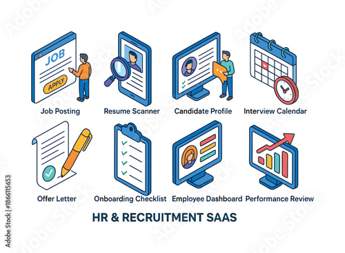 Hr and recruitment flat icon set. featuring job posting, resume scanner, candidate profile, interview calendar, offer letter, onboarding checklist, employee dashboard, performance review.