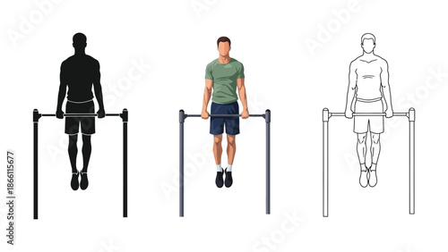 Man performing dip exercise on parallel bars in three styles
