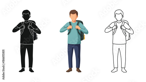 Young man with a backpack in silhouette, color, and outline