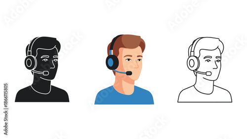 Call center operator wearing a headset in solid, color, and outline styles