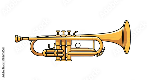 Golden Brass Trumpet Musical Instrument with Valves and Bell.
