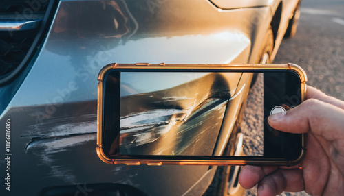 Car insurance accident estimate photo close up damaged vehicle side panel scratch dent hand holding smartphone capture proof detail outdoor sunset light