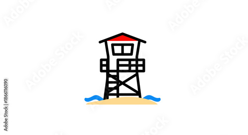 Simple Illustrated Lifeguard Tower with Red Roof and Beach.