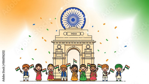 Diverse group of children in traditional indian clothing celebrating with flags in front of india gate arch monument with confetti with celebration