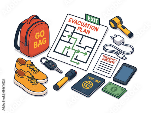 Emergency preparedness flat icon set. featuring go bag, evacuation plan, flashlight, contacts, passport, money, and phone