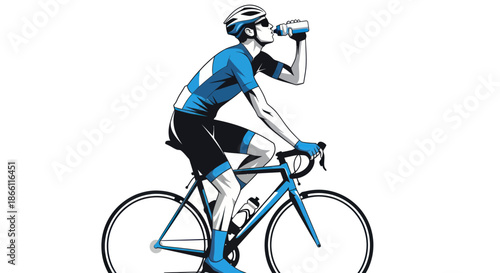 Male Cyclist in Blue Kit Drinking Water on Bicycle.