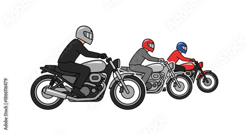 A colorful cartoon illustration of three motorcyclists riding classic vintage bikes in a line.