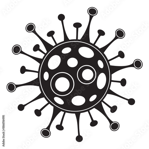 a black-and-white silhouette icon of a virus particle (likely representing a coronavirus). It shows a round central body with irregular circular spots on its surface and numerous spike proteins,
