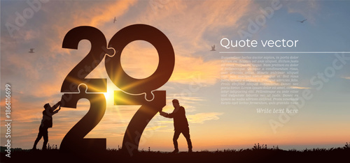 Silhouette of two men pushing to connect a 2027 jigsaw puzzle with sunlight, bright sky. Creative symbol of business teamwork, strategy, solutions, success, planning, corporate cooperation concept.