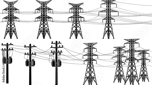 Electric power transmission towers and utility poles collection showing high voltage lines energy infrastructure silhouettes black vector illustration set