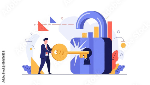 Man unlocks large padlock with key symbolizing security and access.