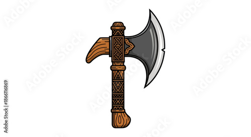 Illustrated Viking battle axe with a sharp steel blade and an ornate carved wooden handle.