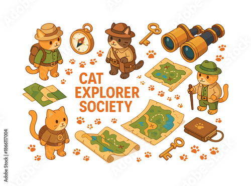 Adventure cat flat icon set. featuring explorer, compass, map, backpack, binoculars, and key symbols