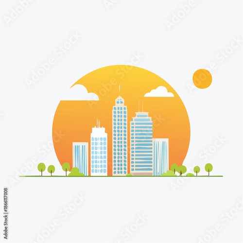 Modern Cityscape With Tall Buildings Under A Bright Orange Sunset Sky With Clouds And Trees In The Foreground