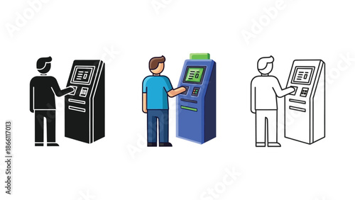 Person using an ATM or self-service kiosk in three styles