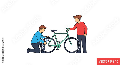 Two young men working together to repair a bicycles rear wheel in a flat vector illustration.