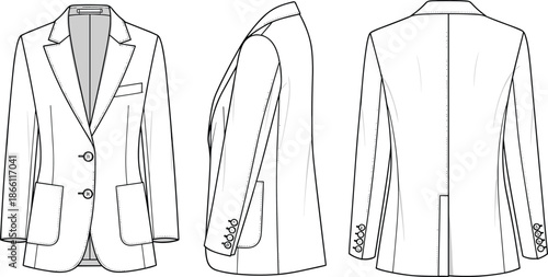 Men tailored blazer technical flat illustration showing front side and back views with buttons pockets lapel formal apparel design