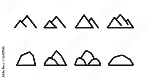 Travel flat icon set. featuring mountain, peak, hill, summit, rock, and ridge symbols