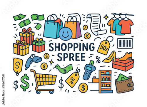 Shopping silhouette icon set. featuring cart, bag, sale, gift, tag, store, clothes, money, receipt, barcode, wallet