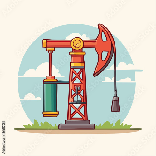 Retro Orange Red Oil Pumpjack With Green Cylinder In Grassy Field Under Cloudy Sky