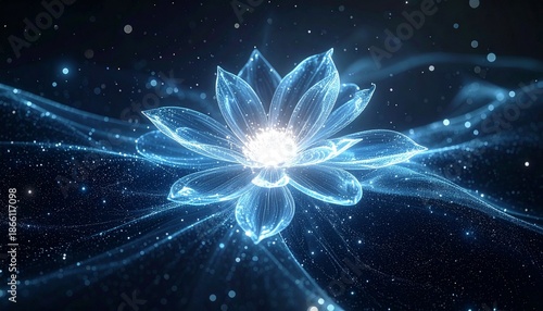 Ethereal Blue Lotus Bloom Radiating Brilliant Light Amidst Shimmering Cosmic Waves, Symbolizing Spiritual Serenity and Abstract Harmony