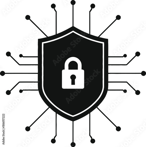 Cybersecurity shield icon with padlock and circuit lines representing digital protection and secure network access