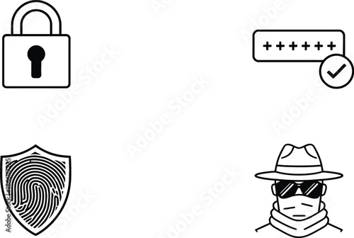 Cybersecurity icons set with padlock password fingerprint shield and anonymous hacker symbol in flat vector style