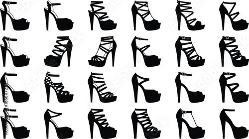 High heel platform shoes silhouette collection featuring women fashion footwear designs stylish pumps sandals and party heels black vector set