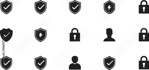 Black security icons set with shield padlock user profile and authentication symbols in minimalist vector style