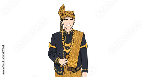 Man in Traditional Indonesian Wedding Attire with Gold Headdress and Sash.