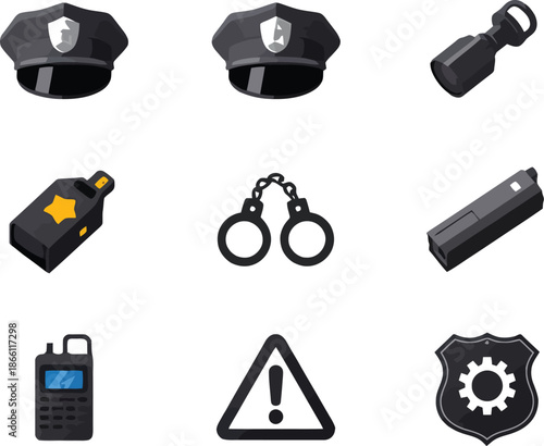 Police equipment icons set with hat handcuffs body camera stun gun walkie talkie and badge in flat vector style
