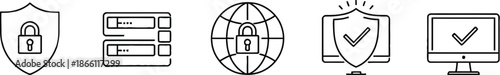 Cybersecurity icons set with shield server globe padlock and verified system symbols in flat vector illustration