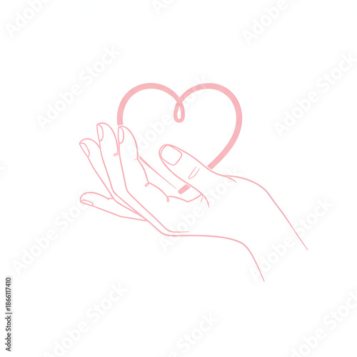 Hand Holding Heart Line Art Illustration Isolated on White