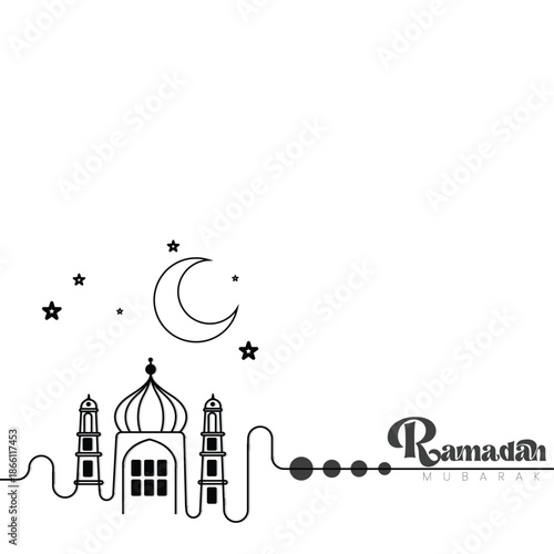 Ramadan Mubarak Minimalist Mosque Silhouette and Crescent Moon Line Art