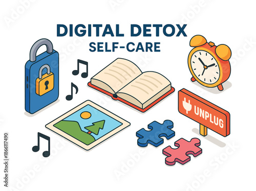 Digital detox isometric icon set. featuring lock, music, book, clock, puzzle, photo, unplug sign