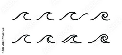 Wave designs linear icon set. featuring ocean, surf, tidal, tsunami, ripple, and sea symbols