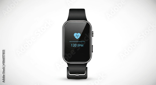 Black Smartwatch with Heart Rate Monitor Display.