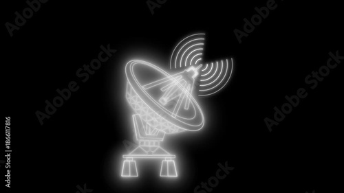 Glowing neon satellite dish with signal waves animation on a black background