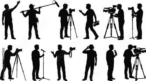 Black silhouette film crew people set showing cameraman, reporter, director, videographer and production team working scenes isolatedWeb