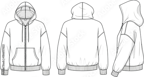 Men hooded zip sweatshirt technical flat illustration showing front back and side views with pockets drawstrings casual apparel design