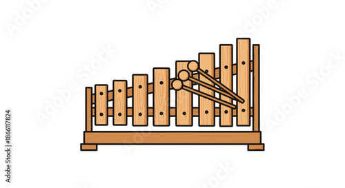A simple cartoon illustration of a wooden xylophone percussion instrument with three mallets.