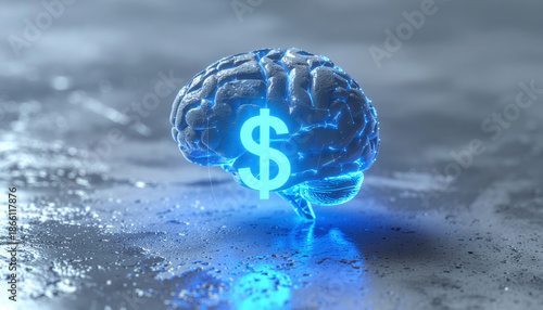 Neon brain money symbol dollar sign blue light financial concept smart investment ethics human mind artificial intelligence digital glow wet surface futuristic style finance economy profit wealth