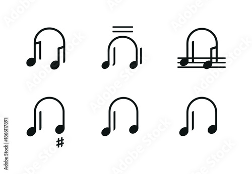 Music symbols linear icon set. featuring note, clef, sharp, staff, rhythm, and harmony icons