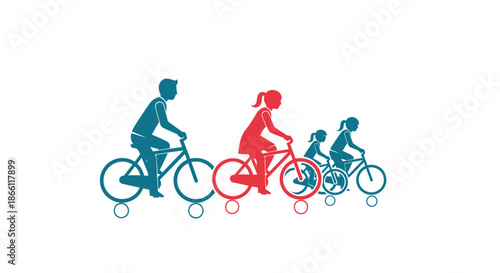Family Cycling Together: Colorful Silhouettes on Bicycles Enjoying Outdoor Activity.