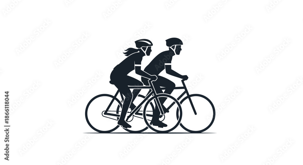 Obraz premium Silhouetted Man and Woman Cyclists Riding Bicycles Together.