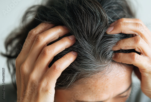 Middle-aged woman checking her grey hair roots with hands in a close-up view, showing natural signs of aging and salt and pepper hair for hair care and beauty concepts