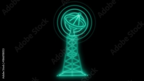 Glowing neon radio tower with satellite dish and signal waves animation